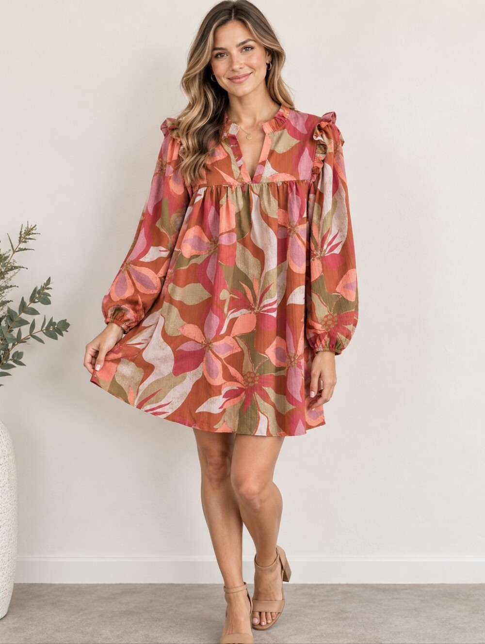 Fantastic Fawn Floral Ruffle Balloon Sleeve Mini Dress Size Large